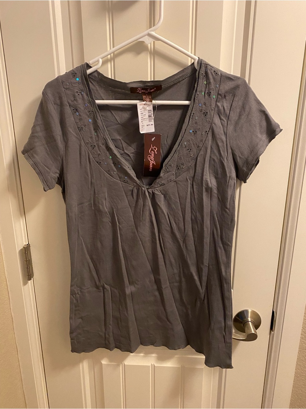 NWT Zena Jeans L Top Gray Sequin Lace Trim Shirt Large Lg Short Sleeve